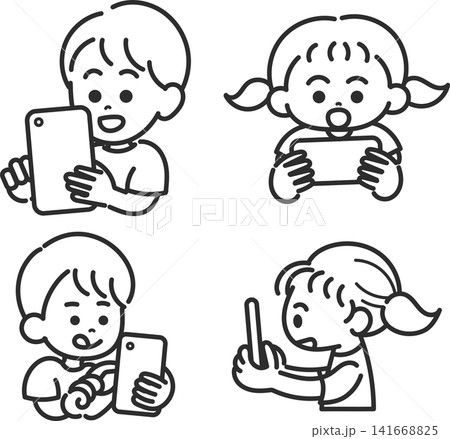 スマートフォンを操作する子どものイラスト素材セット　線画のみ 141668825