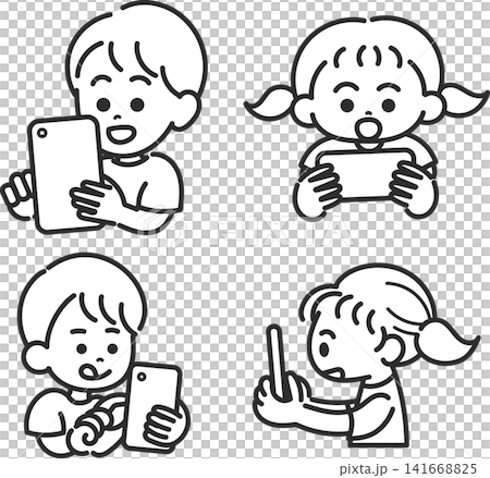 スマートフォンを操作する子どものイラスト素材セット　線画のみ 141668825