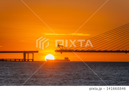 Sunset View of Danjiang Bridge in Tamsui, Taiwan Sunset View of Danjiang Bridge in Tamsui, Taiwan 141668846