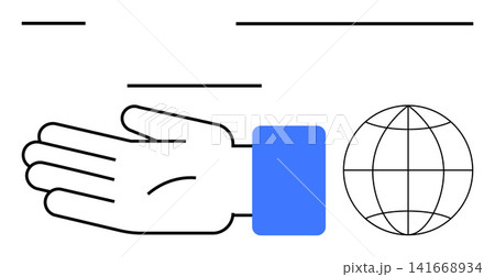 Global communication, connectivity, teamwork, international business, innovation, and world support. Outlined hand reaching toward globe icon. Global communication and teamwork concepts Global communication, connectivity, teamwork, international business, innovation, and world support. Outlined hand reaching toward globe icon. Global communication and teamwork concepts 141668934