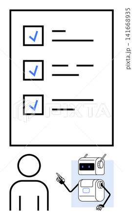 Task management, AI automation, productivity, technology collaboration, digital tools, workflow improvement. A checklist with a robot pointing beside a person. Task management and AI automation 141668935