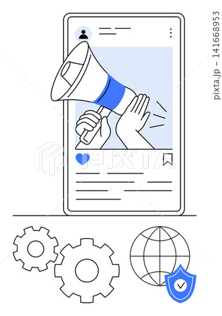 Social media, digital marketing, content promotion, online advertising, data security, global reach. Hand holding a megaphone on a phone screen with icons thumbs up gears, a globe, and a shield Social media, digital marketing, content promotion, online advertising, data security, global reach. Hand holding a megaphone on a phone screen with icons thumbs up gears, a globe, and a shield 141668953