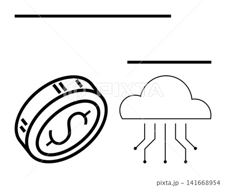 Cryptocurrency, cloud computing, fintech innovation, blockchain networks, financial technology, data storage. Coin with dollar sign and cloud with circuit lines. Cryptocurrency and cloud computing Cryptocurrency, cloud computing, fintech innovation, blockchain networks, financial technology, data storage. Coin with dollar sign and cloud with circuit lines. Cryptocurrency and cloud computing 141668954