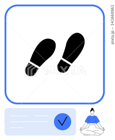 Fitness, mindfulness, meditation, exercise, movement tracking, healthy habits. Black footprints on white background, with yoga figure. Fitness and mindfulness concept 141668961