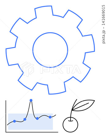 Data trends, agriculture, productivity, growth, innovation, market research. Gear icon, line graph with data points and cherry with leaf in minimal style. Data trends and agriculture concepts Data trends, agriculture, productivity, growth, innovation, market research. Gear icon, line graph with data points and cherry with leaf in minimal style. Data trends and agriculture concepts 141669015