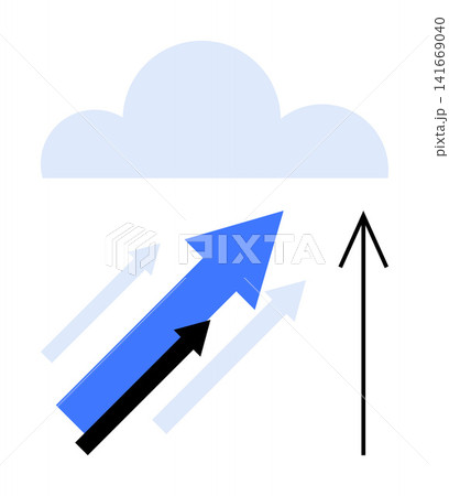 Cloud computing, data storage, technology advancement, business growth, future trends, digital transformation. Arrows pointing upward to a cloud. Cloud computing and data storage concept 141669040