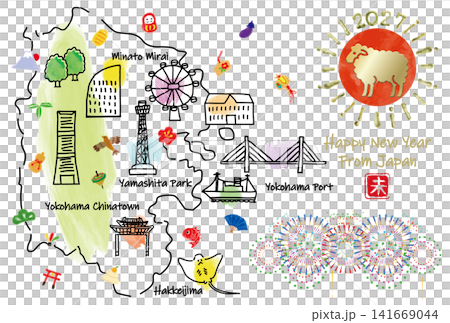 2027年新年賀卡用橫濱旅遊景點插圖地圖 2027年新年賀卡用橫濱旅遊景點插圖地圖 141669044