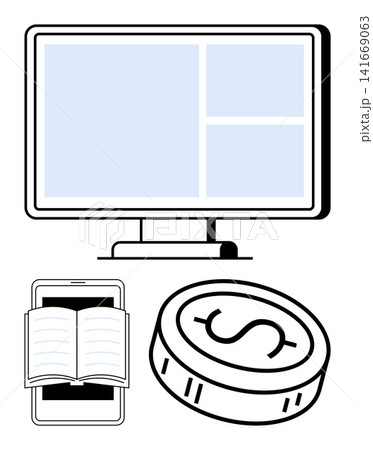 E-learning, digital education, financial technology, virtual resources, online payments, digital commerce. A computer monitor, a smartphone with an open book and a coin. E-learning and financial E-learning, digital education, financial technology, virtual resources, online payments, digital commerce. A computer monitor, a smartphone with an open book and a coin. E-learning and financial 141669063
