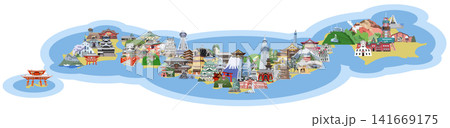 日本列島観光地イラストマップ 鳥瞰図 新イエロー 海付き 日本列島観光地イラストマップ 鳥瞰図 新イエロー 海付き 141669175