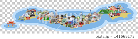 日本列島観光地イラストマップ 鳥瞰図 新イエロー 海付き 日本列島観光地イラストマップ 鳥瞰図 新イエロー 海付き 141669175