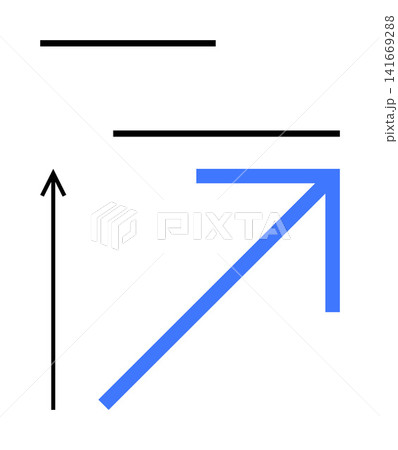 Growth, progress, success, navigation, direction, abstract design. Minimalistic composition with black straight lines and a bold blue arrow. Growth and progress-themed artistic concept 141669288