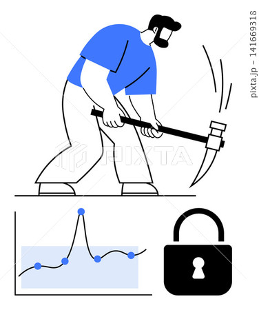 Data security, analytics, mining, cybersecurity, encryption, digital economy. Man using pickaxe, graph with data points padlock icon. Data security and analytics concept Data security, analytics, mining, cybersecurity, encryption, digital economy. Man using pickaxe, graph with data points padlock icon. Data security and analytics concept 141669318