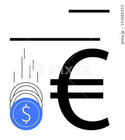 Economic exchange, global trade, financial market, international currency, monetary systems, forex trading. A collection of blue dollar coins moving towards a bold euro symbol. Currency exchange Economic exchange, global trade, financial market, international currency, monetary systems, forex trading. A collection of blue dollar coins moving towards a bold euro symbol. Currency exchange 141669351