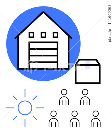 Supply chain, teamwork, logistics operations, delivery services, warehouse management, shipping. Warehouse with a box, team icons and sun symbol. Supply chain and teamwork concept 141669368