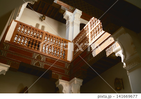 Traditional Moroccan Courtyard With Wooden Balconies Traditional Moroccan Courtyard With Wooden Balconies 141669677