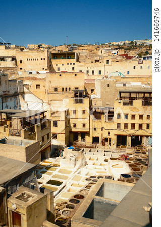 Elevated view over dense historic Moroccan tannery Elevated view over dense historic Moroccan tannery 141669746