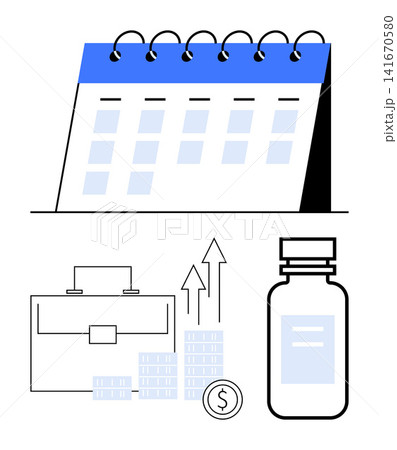 Financial planning, business goals, healthcare, investment strategies, scheduling, economic growth. A calendar, briefcase stacks of coins with upward arrows and a medicine bottle. Financial 141670580