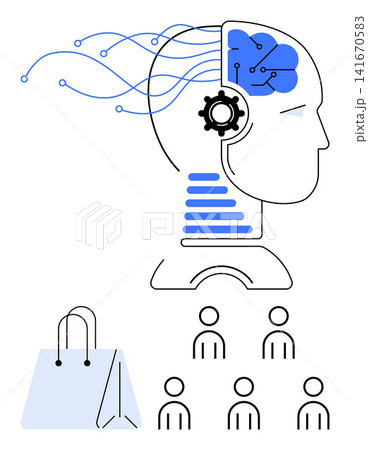Artificial intelligence, retail analytics, consumer behavior, online shopping, technology, data processing. A futuristic brain with circuits, shopping bag and consumer icons. AI and retail analytics Artificial intelligence, retail analytics, consumer behavior, online shopping, technology, data processing. A futuristic brain with circuits, shopping bag and consumer icons. AI and retail analytics 141670583