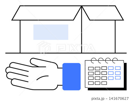 Logistics, delivery planning, shipping services, scheduling, customer service, task management. Hand extended beside an open box and calendar. Logistics and delivery planning concept 141670627