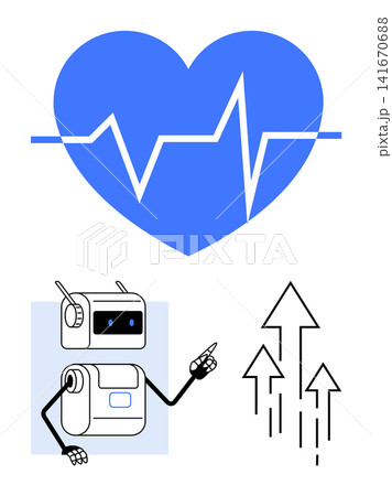 Artificial intelligence, digital health, medical technology, innovation, progress, futuristic healthcare. A robot pointing to a heart with a heartbeat line and arrows. AI in digital health Artificial intelligence, digital health, medical technology, innovation, progress, futuristic healthcare. A robot pointing to a heart with a heartbeat line and arrows. AI in digital health 141670688