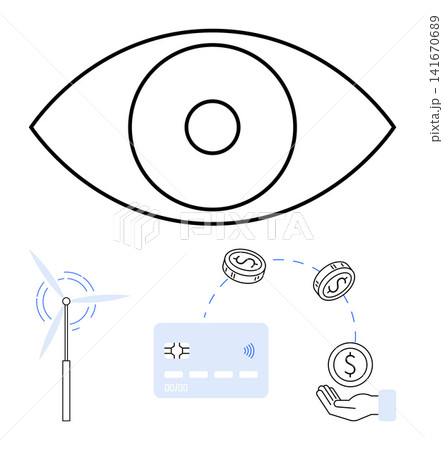 Renewable energy, digital payments, sustainable finance, savings, modern economy, future technology. ion of an eye, wind turbine credit card coins and a hand. Renewable energy and digital payments Renewable energy, digital payments, sustainable finance, savings, modern economy, future technology. ion of an eye, wind turbine credit card coins and a hand. Renewable energy and digital payments 141670689