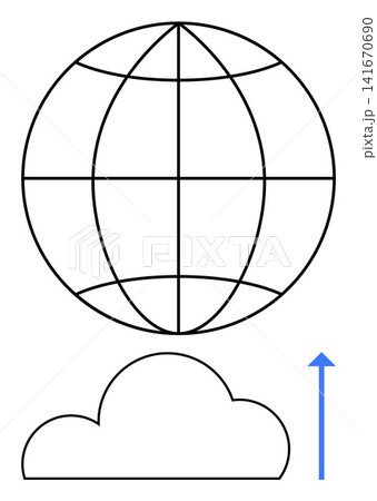 Cloud computing, global connectivity, online storage, data transfer, internet services, technology. Globe with gridlines above a cloud and an upward arrow. Cloud computing and data transfer concept 141670690