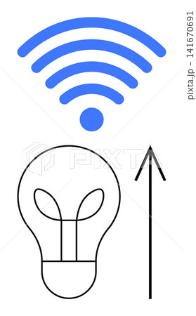 Technology growth, innovation, smart communication, IoT applications, wireless networking, creative solutions. wireless signal above a minimalist lightbulb and arrow. Innovation and technology growth Technology growth, innovation, smart communication, IoT applications, wireless networking, creative solutions. wireless signal above a minimalist lightbulb and arrow. Innovation and technology growth 141670691