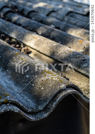 Old weathered corrugated roof in sunlight Old weathered corrugated roof in sunlight 141670692