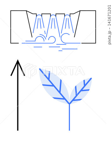 Sustainability, water management, eco-friendly growth, renewable energy, agriculture, innovation. Arrow pointing upward, water recycling and a leaf. Sustainability and water management concept Sustainability, water management, eco-friendly growth, renewable energy, agriculture, innovation. Arrow pointing upward, water recycling and a leaf. Sustainability and water management concept 141671201