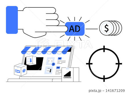 Advertising, e-commerce, customer targeting, monetization, online sales, marketing strategy. A hand pressing an ad button, coins a storefront graphic and a target symbol. Advertising and e-commerce Advertising, e-commerce, customer targeting, monetization, online sales, marketing strategy. A hand pressing an ad button, coins a storefront graphic and a target symbol. Advertising and e-commerce 141671209