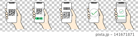A set of illustrations showing how to make payments using smartphones and scan QR codes. A set of illustrations showing how to make payments using smartphones and scan QR codes. 141671871