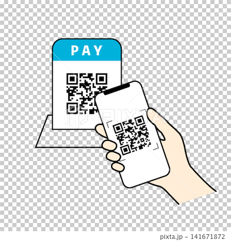 A payment scene where a customer scans a QR code stand in a store with their smartphone. A payment scene where a customer scans a QR code stand in a store with their smartphone. 141671872
