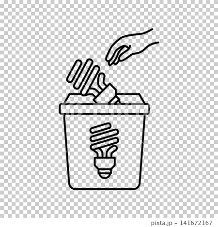 Clean line art icon showing a hand placing a compact fluorescent light bulb (CFL) into a specialized lightbulb recycling bin. Clean line art icon showing a hand placing a compact fluorescent light bulb (CFL) into a specialized lightbulb recycling bin. 141672167