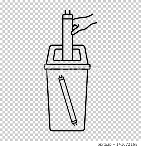 Minimalist line art icon showing a hand carefully dropping a long fluorescent tube light into a specialized tall disposal bin. Minimalist line art icon showing a hand carefully dropping a long fluorescent tube light into a specialized tall disposal bin. 141672168