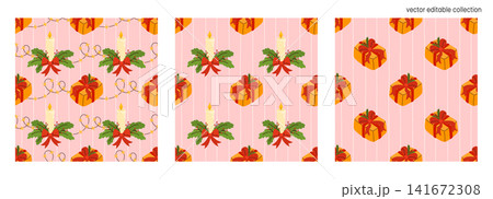 Vector colourful christmas bg with seamless gift pattern. Box cover for decoration celebration traditional pink present ornaments. Festive candle tree wrapping in trendy red soft wrap. 141672308