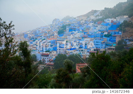 Blue houses of Chefchaouen on Moroccan hillside overlooking a misty medina Blue houses of Chefchaouen on Moroccan hillside overlooking a misty medina 141672346