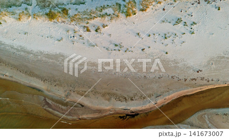 Aerial View of Meandering River with Sandy Banks, Drone Top View Aerial View of Meandering River with Sandy Banks, Drone Top View 141673007