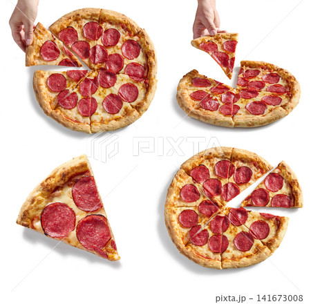 set of pepperoni salami pizzas whole and slices, isolated on white background set of pepperoni salami pizzas whole and slices, isolated on white background 141673008
