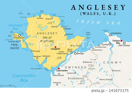 Anglesey and Holy Island, Wales, UK, political map. County of the Isle of Anglesey, bordering Gwynedd across the Menai Strait, with largest town Holyhead and administrative center Llangefni. Vector Anglesey and Holy Island, Wales, UK, political map. County of the Isle of Anglesey, bordering Gwynedd across the Menai Strait, with largest town Holyhead and administrative center Llangefni. Vector 141673175