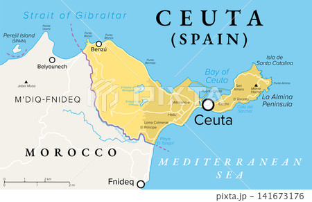 Ceuta, exclave of Spain, political map. Autonomous city on the North African coast along the Mediterranean Sea, bordered by Morocco. Special territory of members of the European Economic Area. Vector Ceuta, exclave of Spain, political map. Autonomous city on the North African coast along the Mediterranean Sea, bordered by Morocco. Special territory of members of the European Economic Area. Vector 141673176