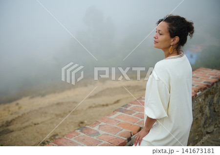 Woman standing on brick wall overlooking foggy landscape, contemplative and peaceful morning moment Woman standing on brick wall overlooking foggy landscape, contemplative and peaceful morning moment 141673181