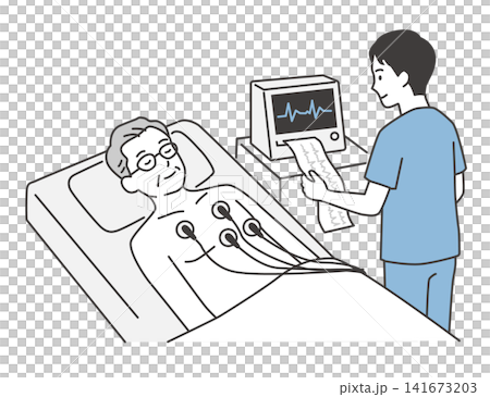 ベッドに横になり胸部電極で心電図検査を受けるシニア男性患者のイラスト ベッドに横になり胸部電極で心電図検査を受けるシニア男性患者のイラスト 141673203