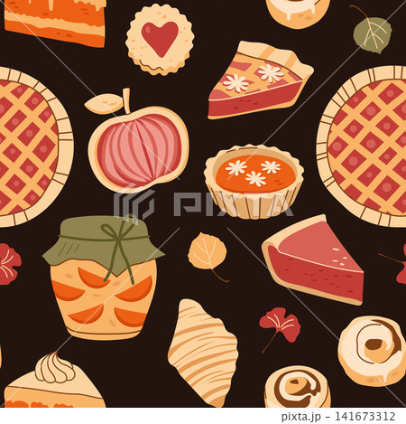 Autumn seamless pattern with pies cakes jam jar and croissants on dark background Autumn seamless pattern with pies cakes jam jar and croissants on dark background 141673312