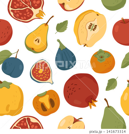 Autumn seamless pattern with pears pomegranates figs and persimmons on white background Autumn seamless pattern with pears pomegranates figs and persimmons on white background 141673314