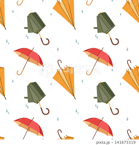 Autumn seamless pattern with colorful folded umbrellas and rain drops on white background Autumn seamless pattern with colorful folded umbrellas and rain drops on white background 141673319
