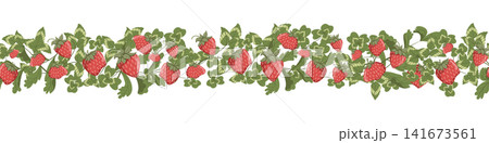 Strawberry seamless border. Vector masking tapes with red berries and cloverleaf molding. Hand drawn cartoon illustration for print design. White background. 141673561
