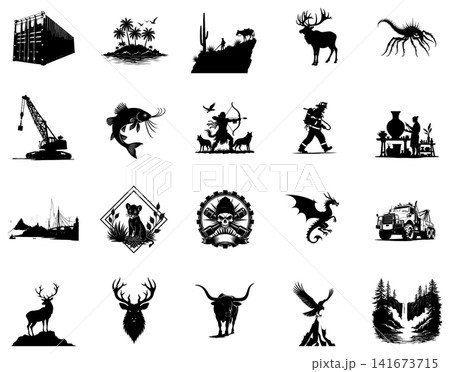 Collection of rugged black vector silhouettes featuring industrial machinery and wild forest landscape scenic nature elements Collection of rugged black vector silhouettes featuring industrial machinery and wild forest landscape scenic nature elements 141673715