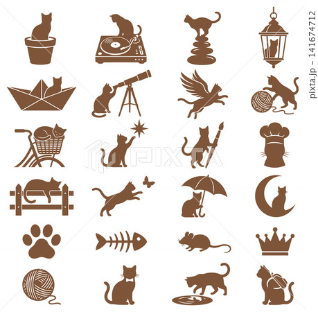 Diverse set of lifestyle cat vector icons showing various daily activities and cute household feline behaviors 141674712
