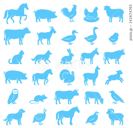 Grid of various farm animal and wildlife silhouettes displayed in simple flat blue icon style 141674765