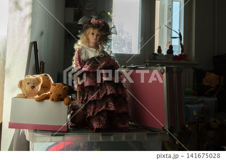 Vintage doll stands on a shelf next to teddy bears and storage boxes in a bright room during the day 141675028